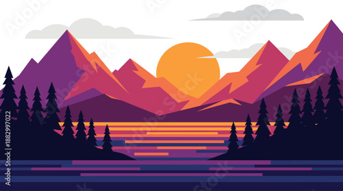 Minimalist Mountain Sunset Landscape over Water Vector Illustration in Flat Design