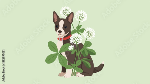 Small brown and white dog sitting amongst white clover flowers against light green background