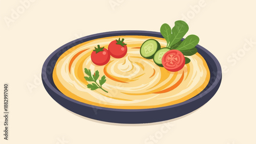 Swirls of creamy dip adorned with fresh tomatoes, cucumbers, and greens