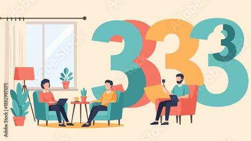 Three people in a room with large colorful numbers in background