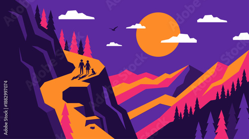 Minimalist Vector Illustration of a Couple and Dog Hiking on Mountain Cliff at Sunset