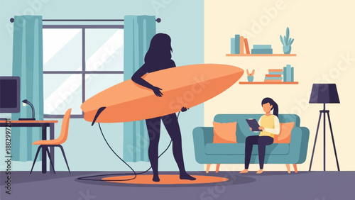 Silhouette of a woman with surfboard in living room with another person on couch