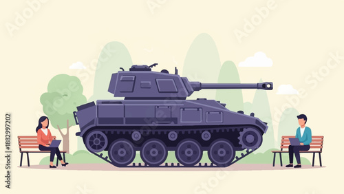 Tank juxtaposed with civilians using laptops on park benches