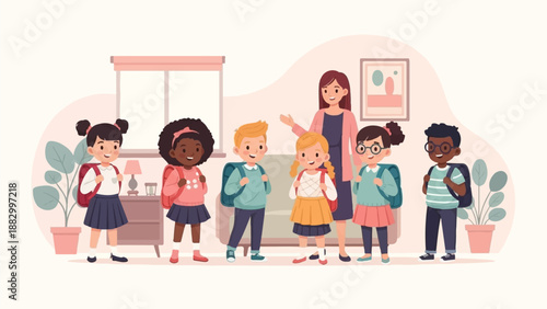 Teacher and diverse students with backpacks ready for school indoors