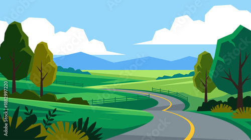 Scenic Winding Road Through Green Hills Landscape Vector Illustration in Flat Design Style