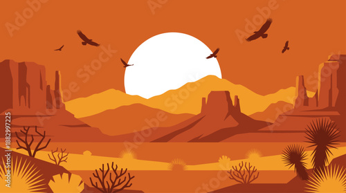 Minimalist Illustration of a Desert Sunset with Mesas Birds and Yucca Flat Design Vector