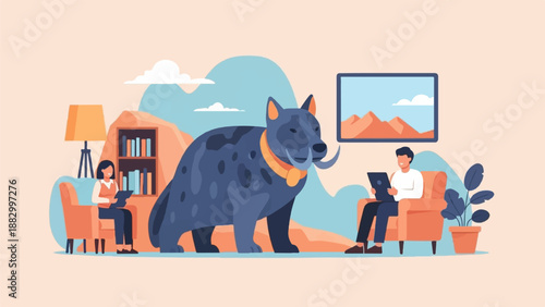 Stylized illustration of a fantastical dog with two people interacting with devices in a cozy room