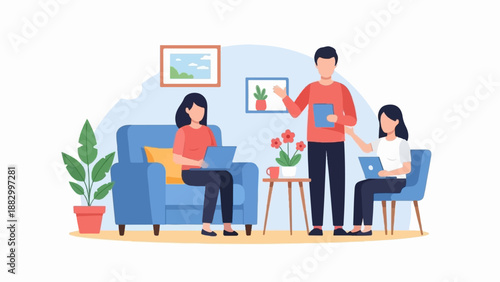 Three people working on laptops in a living room with plants and artwork