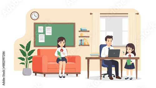 Teacher assisting student with learning in a classroom setting