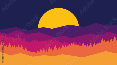 Flat Design Vector Illustration of a Minimalist Mountain Landscape with Forest at Sunset