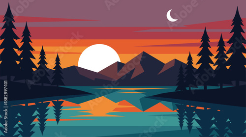 Minimalist Flat Design Vector Illustration of a Serene Mountain Lake Sunset Landscape