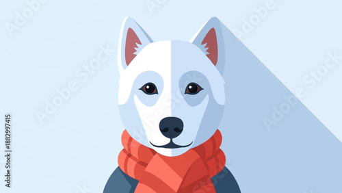 Stylized portrait of a white dog wearing a red scarf