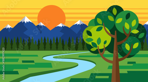 Minimalist Flat Design Vector Illustration of Scenic Mountain Landscape with River