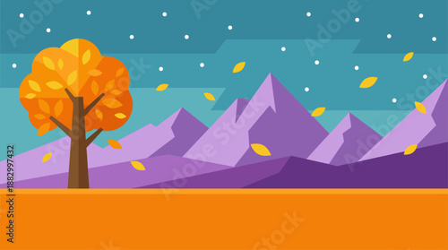 Minimalist Flat Design Vector Illustration of Autumn Landscape with Mountains and Falling Leaves