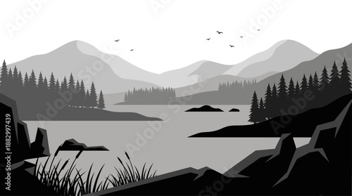 Grayscale Mountain Lake Landscape Vector Illustration in Minimalist Flat Design Style