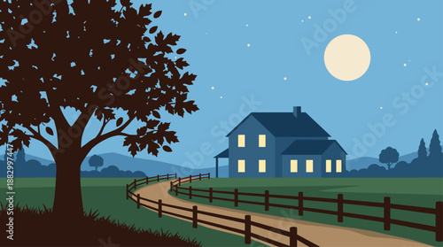 Vector Illustration of a Peaceful Country House at Night with Moon and Large Tree in Flat Design Style
