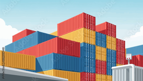 Stacks of brightly colored shipping containers under a blue sky with clouds