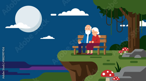 Elderly Couple Sitting on a Bench at Night Under Moon Flat Design Vector Illustration