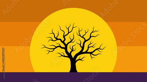 Minimalist Illustration of a Bare Tree Silhouette at Sunset Flat Design Vector Art