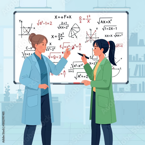 Two women explaining math equations.