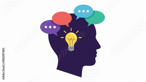 Silhouette of a head with a lightbulb and thought bubbles above