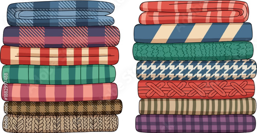 Stacks of folded blankets with various plaid, striped, and textured patterns