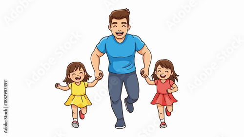 Smiling father and two daughters running hand in hand happily