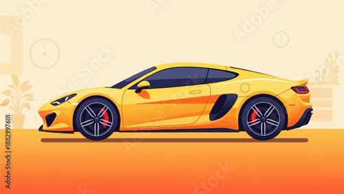 Side view of a vibrant yellow sports car parked indoors, bright and modern