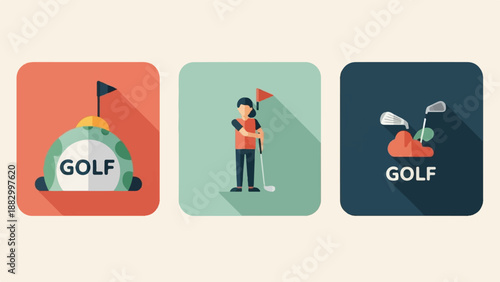 Three graphic icons depicting golf elements a ball with a flag, a golfer with a club, and clubs by a tee