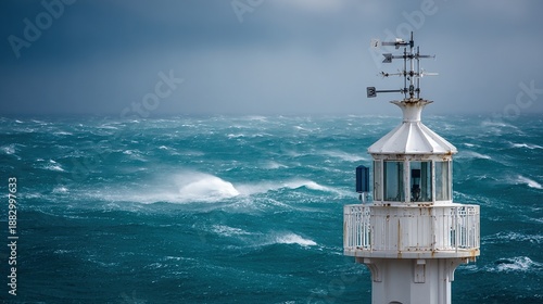 anemometer. Lighthouse structure during a storm with meteorological instrumentation. ESG reports, sustainability campaigns, designed for sustainability communications and ESG reporting.