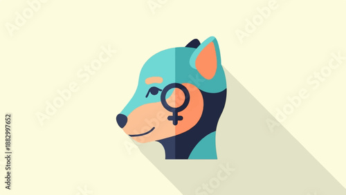 Stylized profile of a cyan and orange canine with a gender symbol