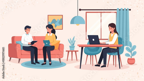 Three people interact in a cozy home office with plants