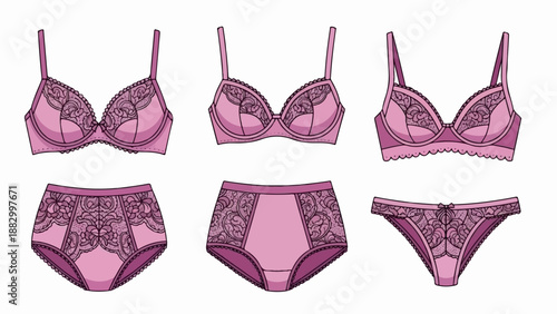 Three pink lace lingerie sets bras and matching panties with intricate patterns