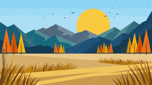 Minimalist Landscape Vector Illustration with Mountains Sun and Trees in Flat Design