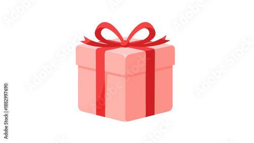 Pink Gift Box with Red Ribbon and Bow, Isolated on White Background, Celebration Surprise