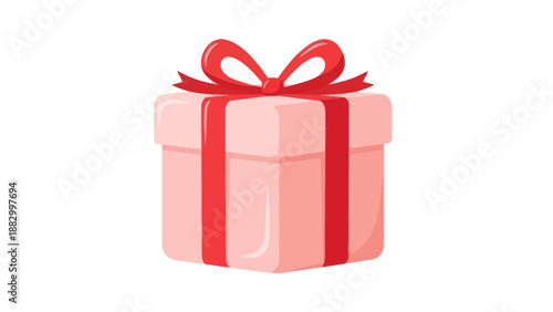 Pink Gift Box with Red Ribbon Bow, Isolated on White Background, Celebration Present