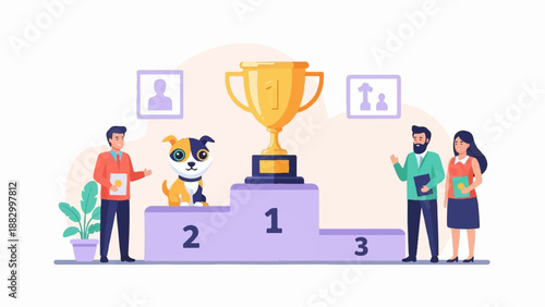 Team celebrates success with trophy and dog on podium