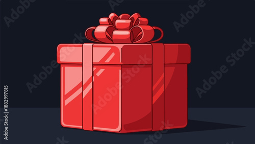 Shiny red gift box with a large bow on a dark background