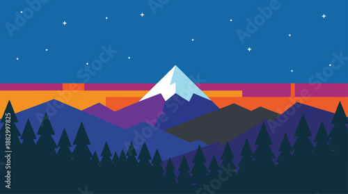 Minimalist Mountain Peak Landscape at Night with Pine Forest and Stars Vector Illustration Flat Design