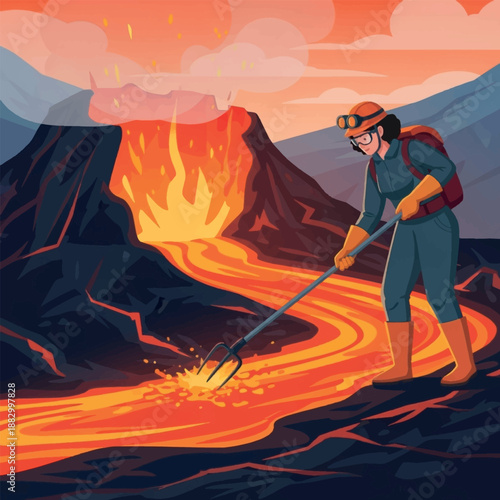 Volcanologist studying active volcano eruption closely.