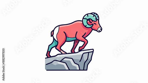 Stylized ram with curled horns stands atop a rocky ledge