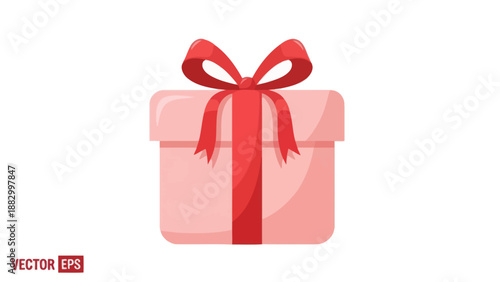 Pink Gift Box with Red Ribbon Bow, Isolated on White Background, Vector Illustration