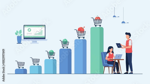 Team analyzes growth charts with shopping carts and tech
