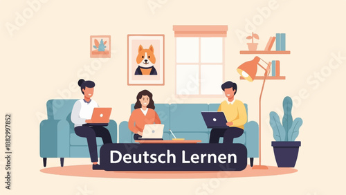 Three people learn German online in a cozy living room setting
