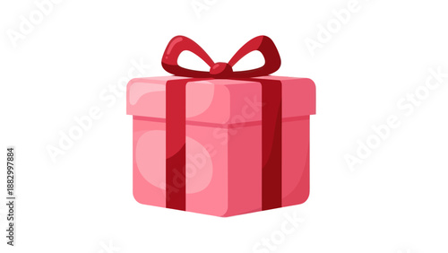 Pink Gift Box with Red Ribbon and Bow Isolated on White Background