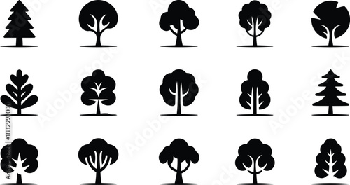 Diverse set of black silhouette tree icons arranged neatly on a pure white background