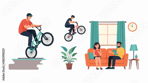 Three scenes bmx riders performing tricks, indoor plant, and couple on couch