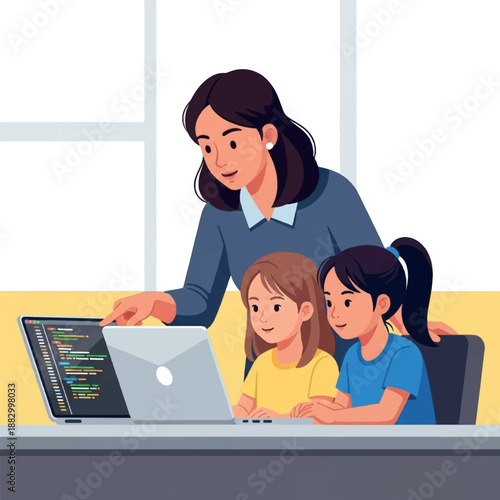 Woman and children using laptop computer.