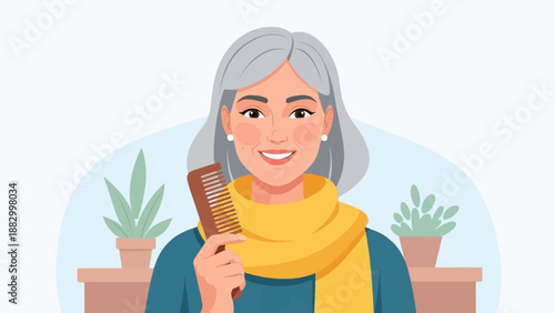Smiling woman with grey hair holding a comb, wearing a yellow scarf
