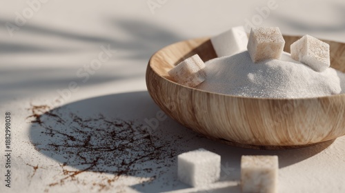 Elegant wooden bowl filled with crystalline sugar and scattered sugar cubes